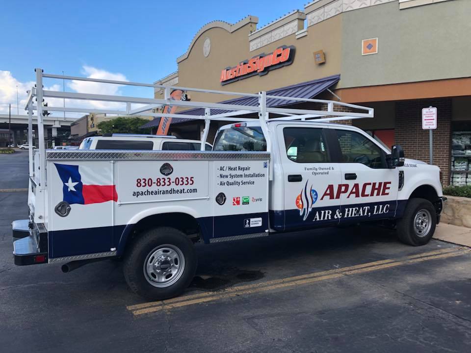 Apache Air & Heat HVAC service truck providing AC maintenance and cooling services in Blanco, TX