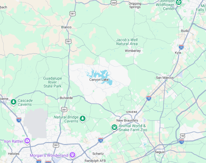 Apache Air & Heat Service Area Map | Blanco TX HVAC Company Map showing Apache Air & Heat HVAC service areas including Blanco, Johnson City, Spring Branch, Bulverde, Dripping Springs, Canyon Lake, Wimberley, New Braunfels, San Marcos, and Smithson Valley, Texas.