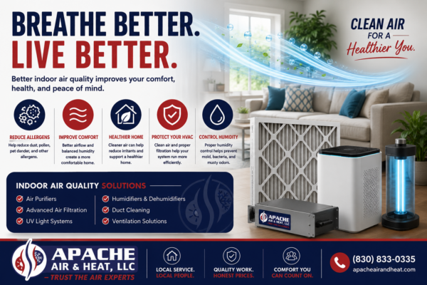Indoor air quality graphic featuring air filtration, purification, humidity control, and healthy home solutions in Blanco, TX