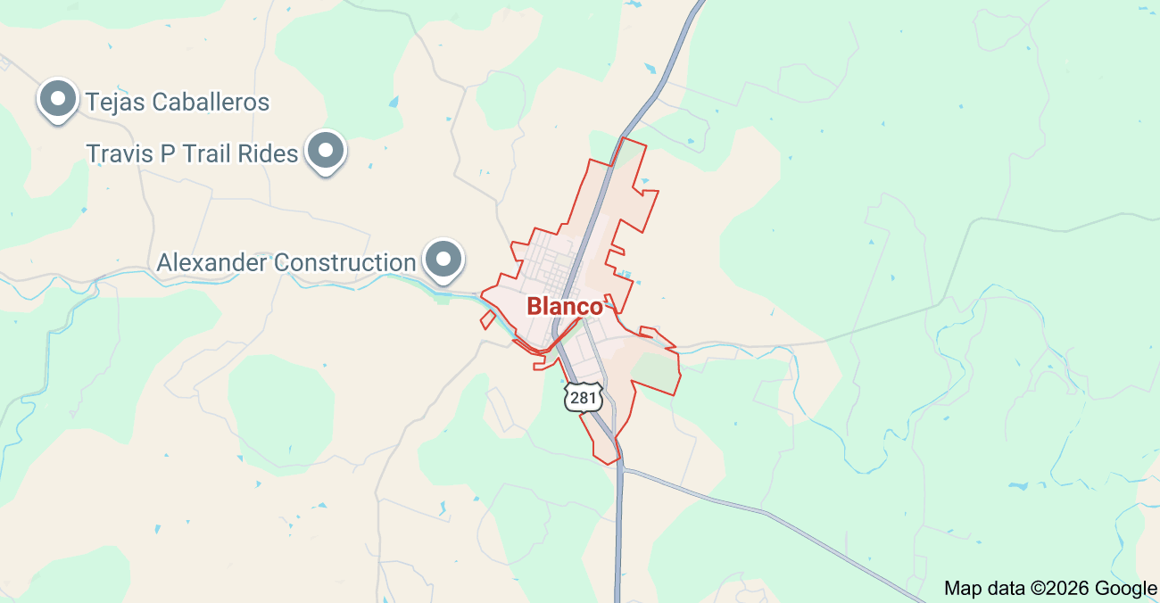 Map of Blanco, Texas showing the service area for Apache Air & Heat, providing AC repair, HVAC installation, heating repair, and maintenance throughout Blanco and the surrounding Texas Hill Country.