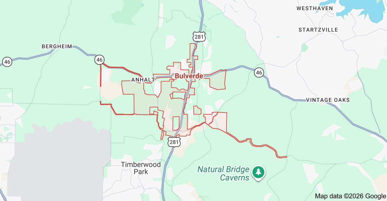 map of bulverde, TX HVAC service area. Apache Air & Heat