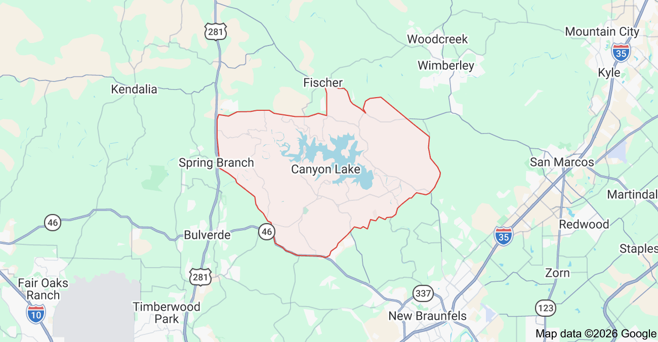 Map of Canyon Lake, Texas showing the Apache Air & Heat service area for AC repair, HVAC installation, heating repair, furnace service, heat pump installation, and HVAC maintenance.