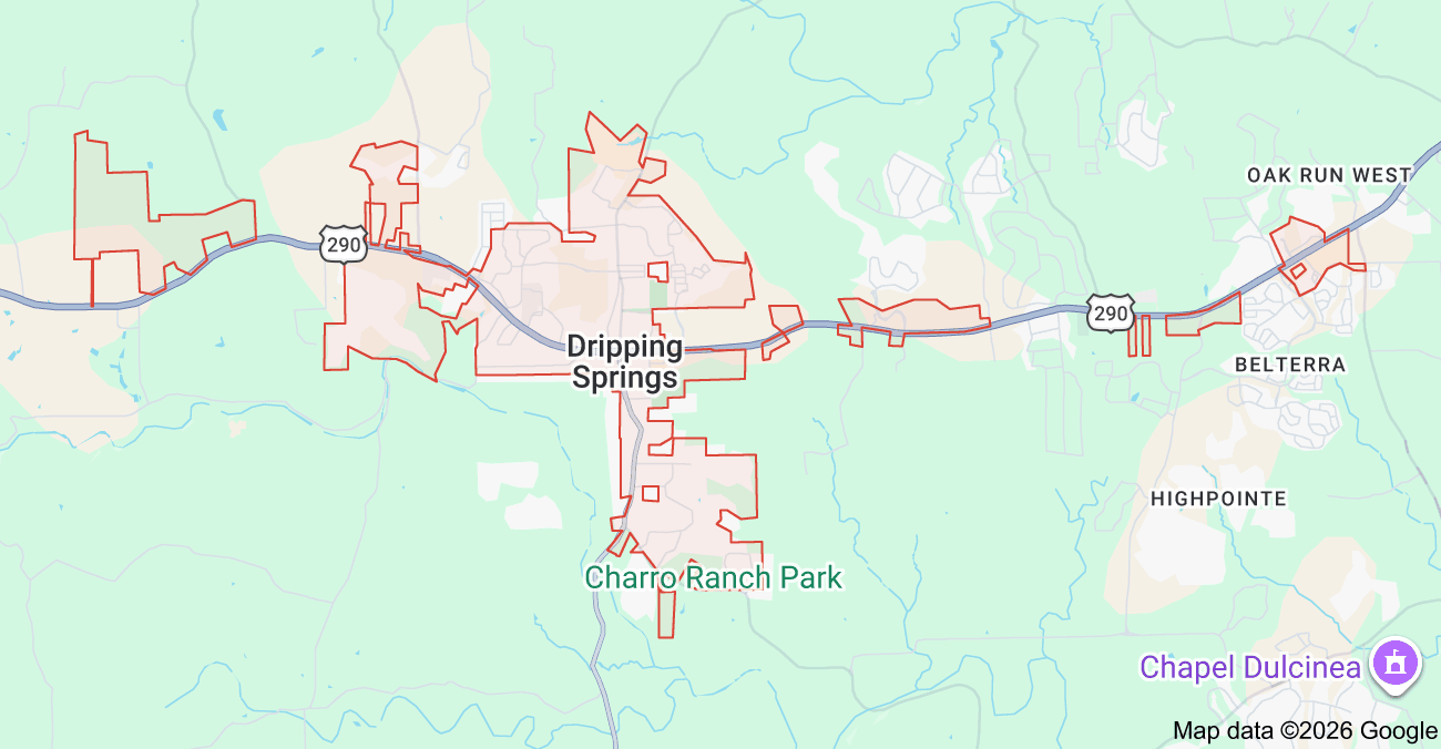 Map of Dripping Springs, Texas showing the Apache Air & Heat service area for AC repair, HVAC installation, heating repair, furnace service, heat pump installation, and HVAC maintenance.