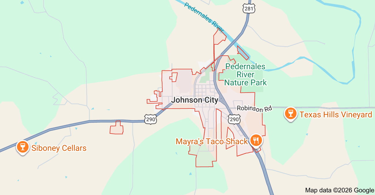 Map of Johnson City, Texas showing the Apache Air & Heat service area for AC repair, HVAC installation, heating repair, furnace service, and HVAC maintenance.