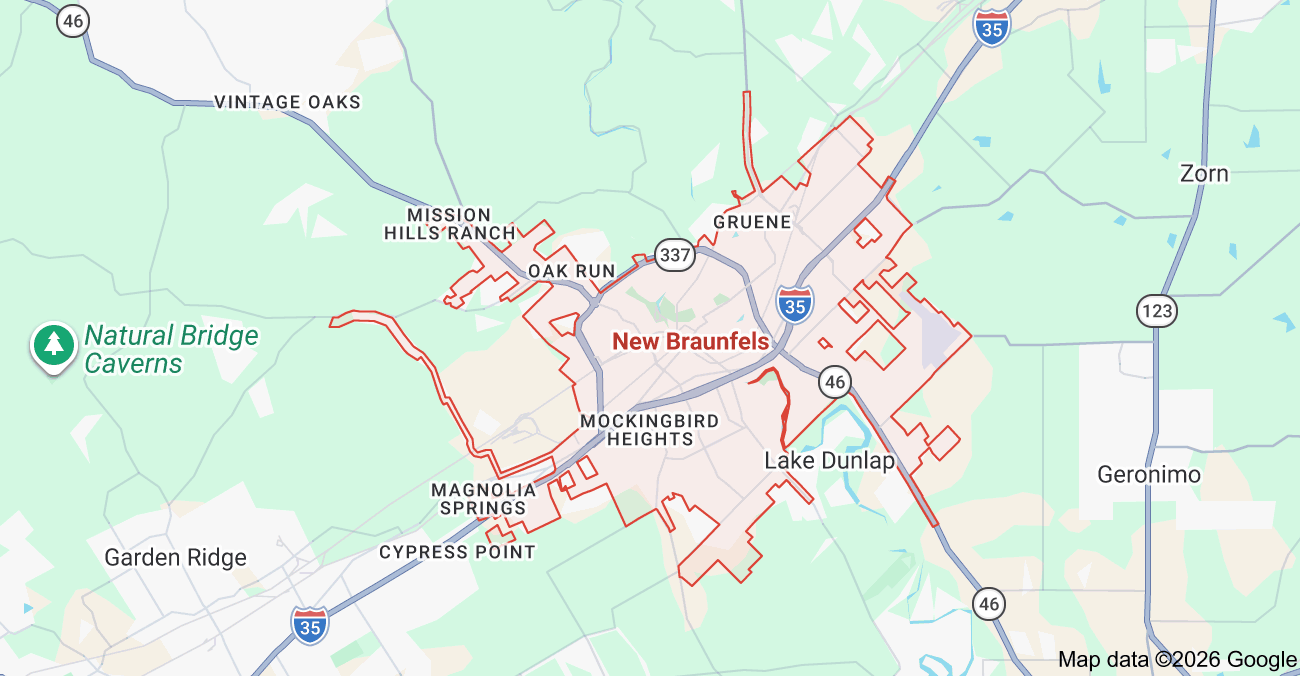Map of New Braunfels, Texas showing the HVAC service area for Apache Air & Heat including AC repair, air conditioning installation, heating repair, furnace service and maintenance.