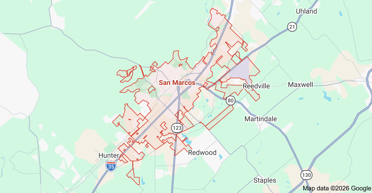 Map of San Marcos, Texas showing the Apache Air & Heat service area for AC repair, HVAC installation, heating repair, furnace service, heat pump installation, and HVAC maintenance.