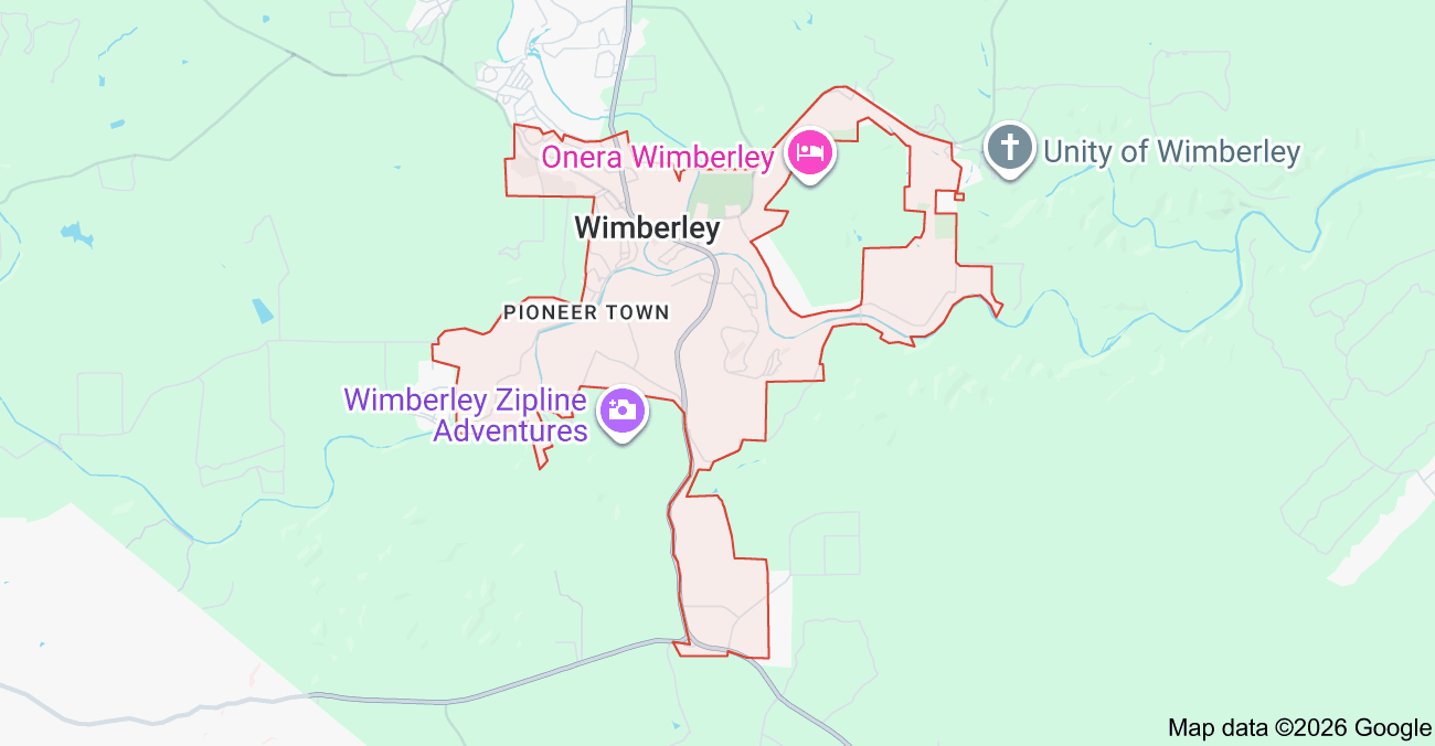 Map of Wimberley, Texas showing the Apache Air & Heat service area for heating and air conditioning services, AC repair, HVAC installation, furnace repair, heat pump installation, and HVAC maintenance.